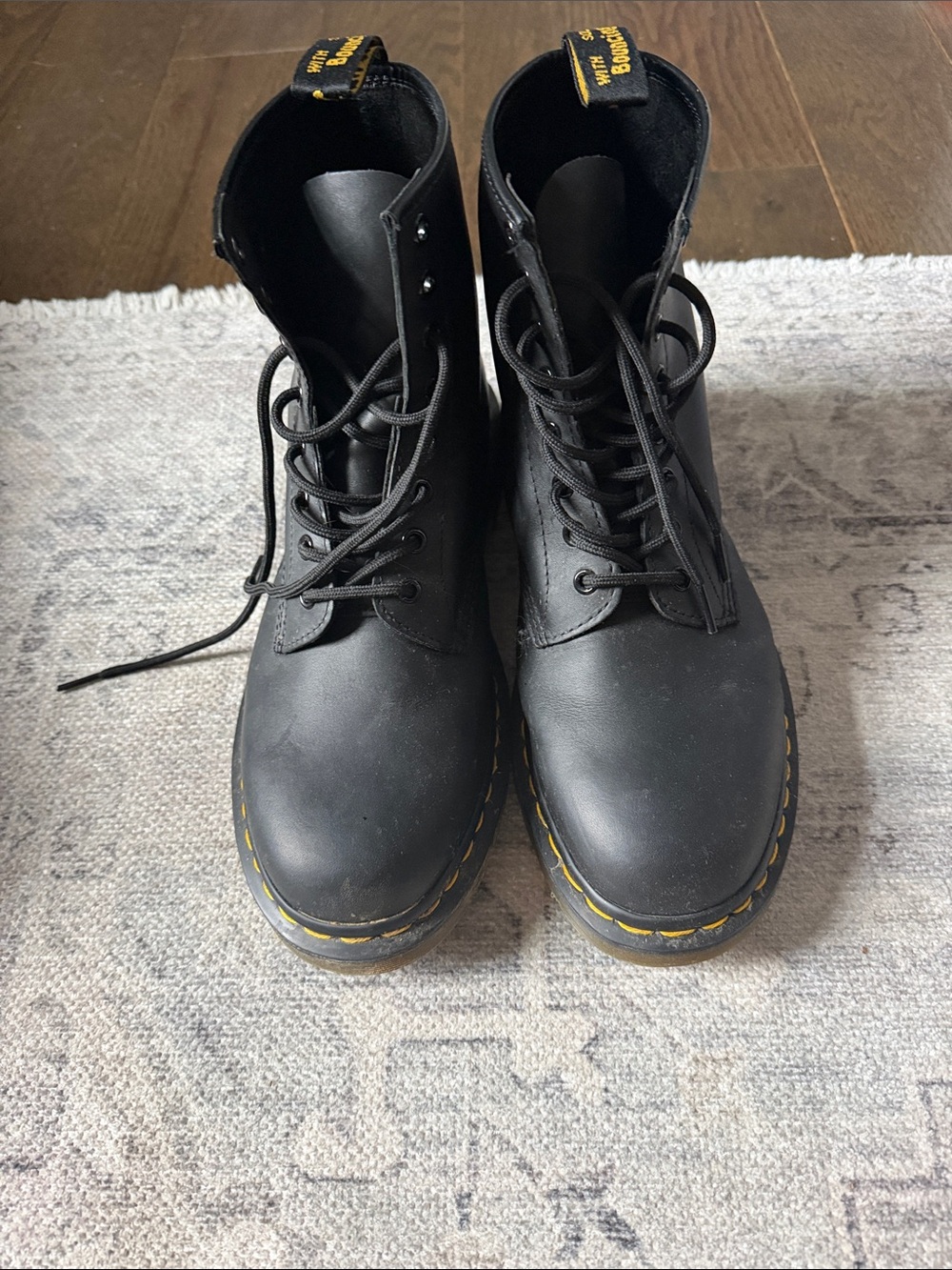 Dr. Martens Black Leather Lace-Up Ankle Boots with Yellow Stitching
